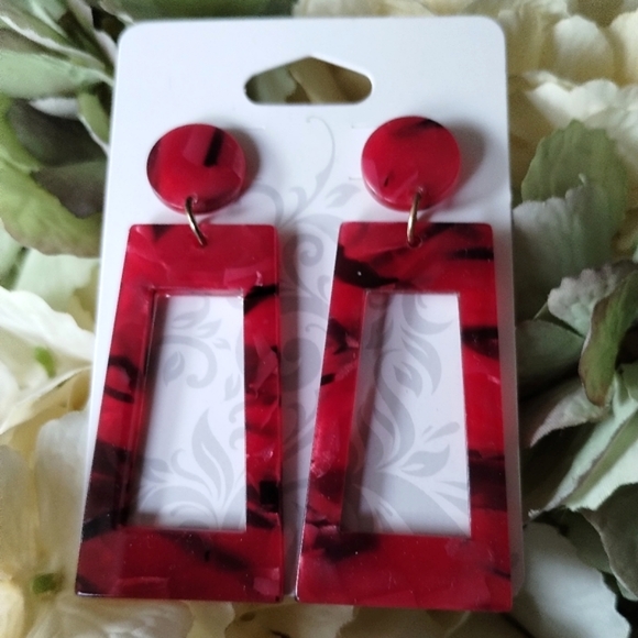 New Red Acrylic Abstract Earrings - Picture 5 of 8